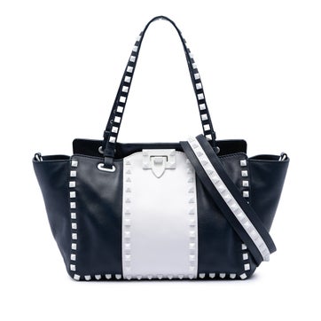 Calf Leather Small Bicolor Leather Rockstud Double Handle Tote