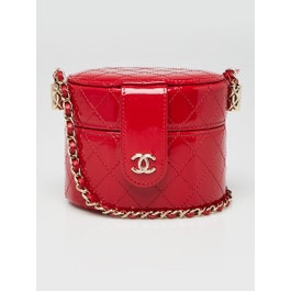 Chanel Red Quilted Patent Leather CC Mini Round Vanity Case Bag
