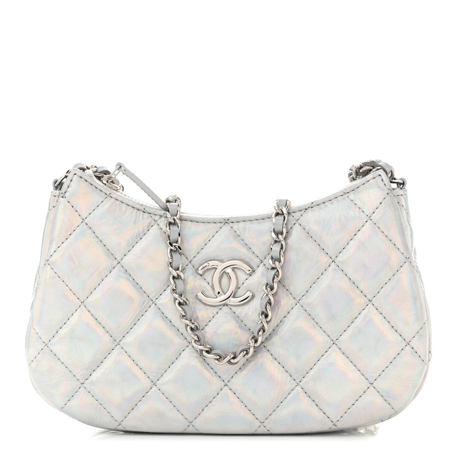 Chanel Iridescent Mirror Goatskin Quilted Clutch With Chain Silver