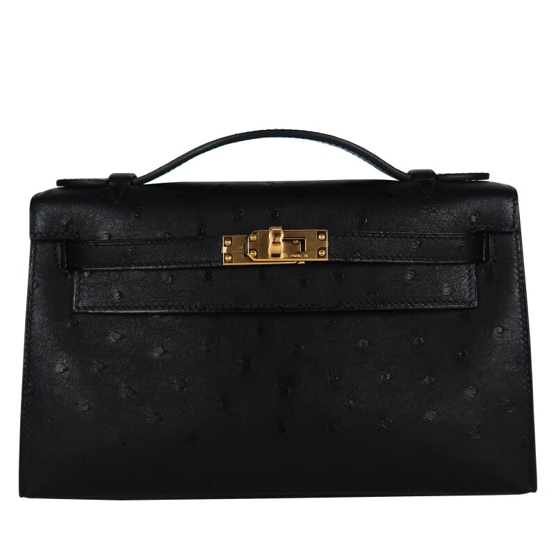 Black Ostrich Kelly Pochette Gold Hardware, 2025