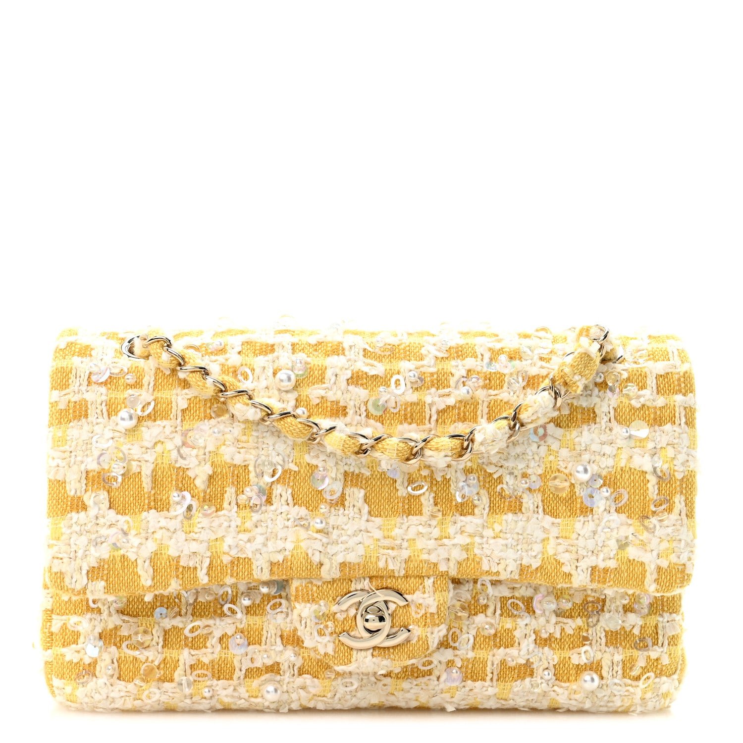 Chanel Tweed Beaded Medium Double Flap  Yellow White