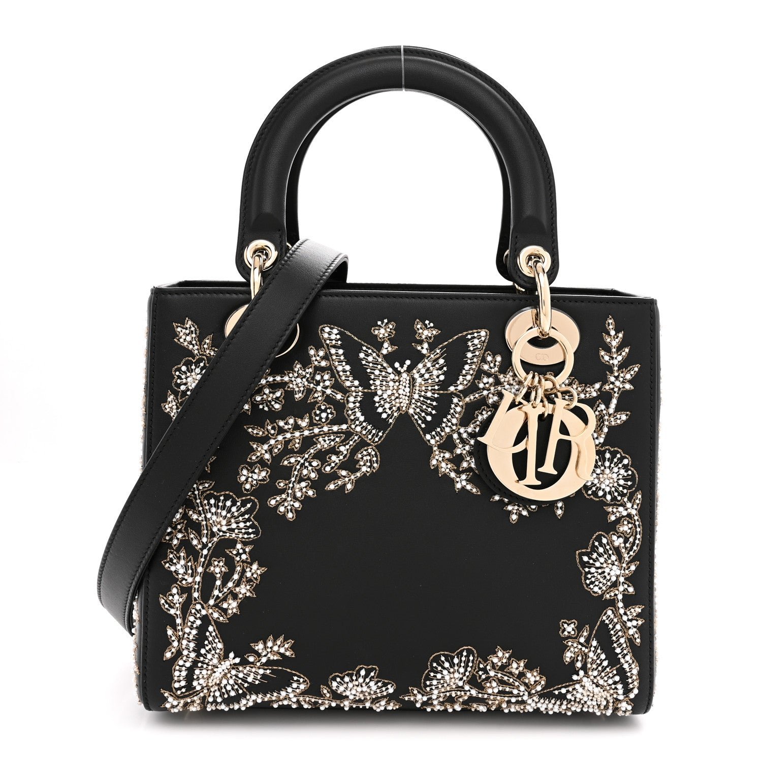 Christian Dior Calfskin Beaded Embroidered Ramage Butterfly Medium Lady Dior Black White Black White