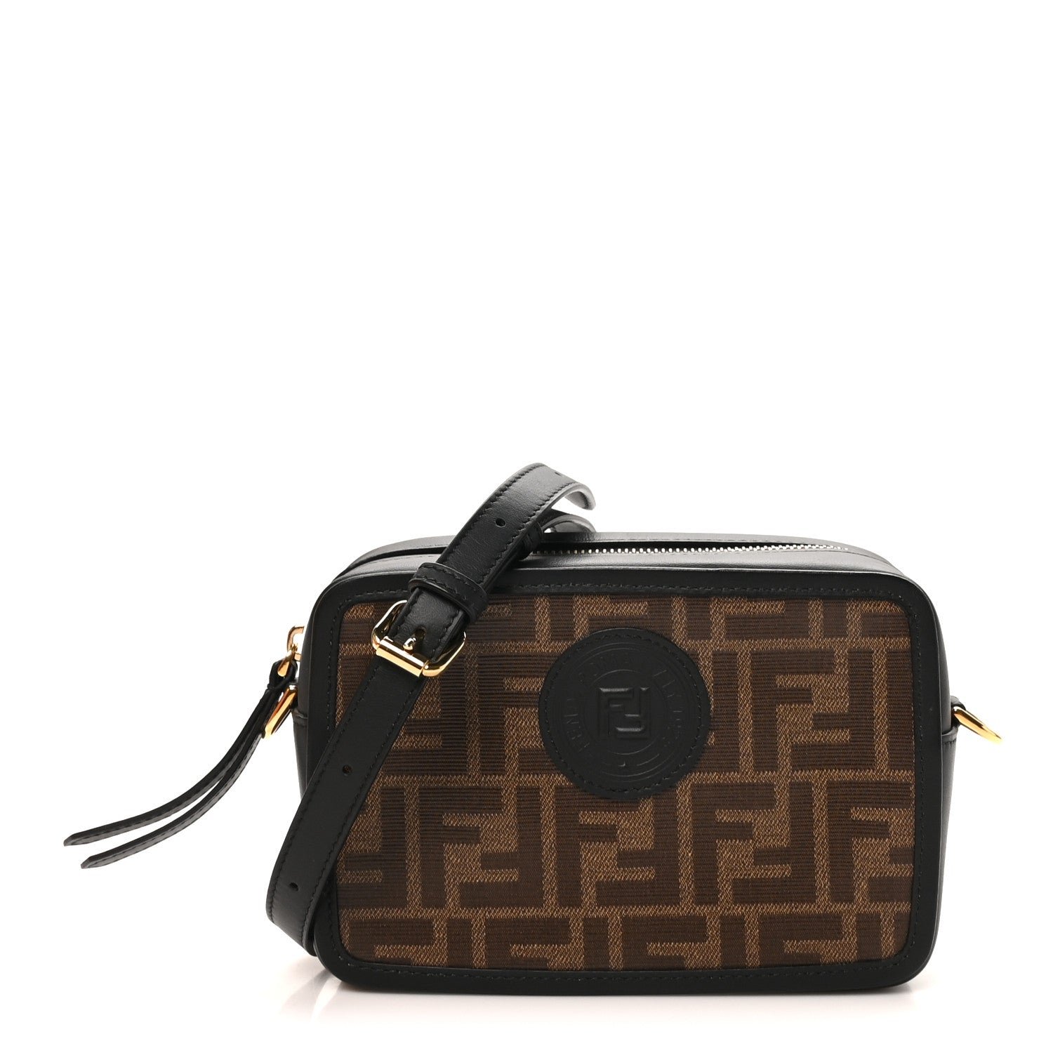 Fendi Glazed Fabric Vitello Century FF 1974 Stamp Patch Mini Camera Case Mogano Panna Black