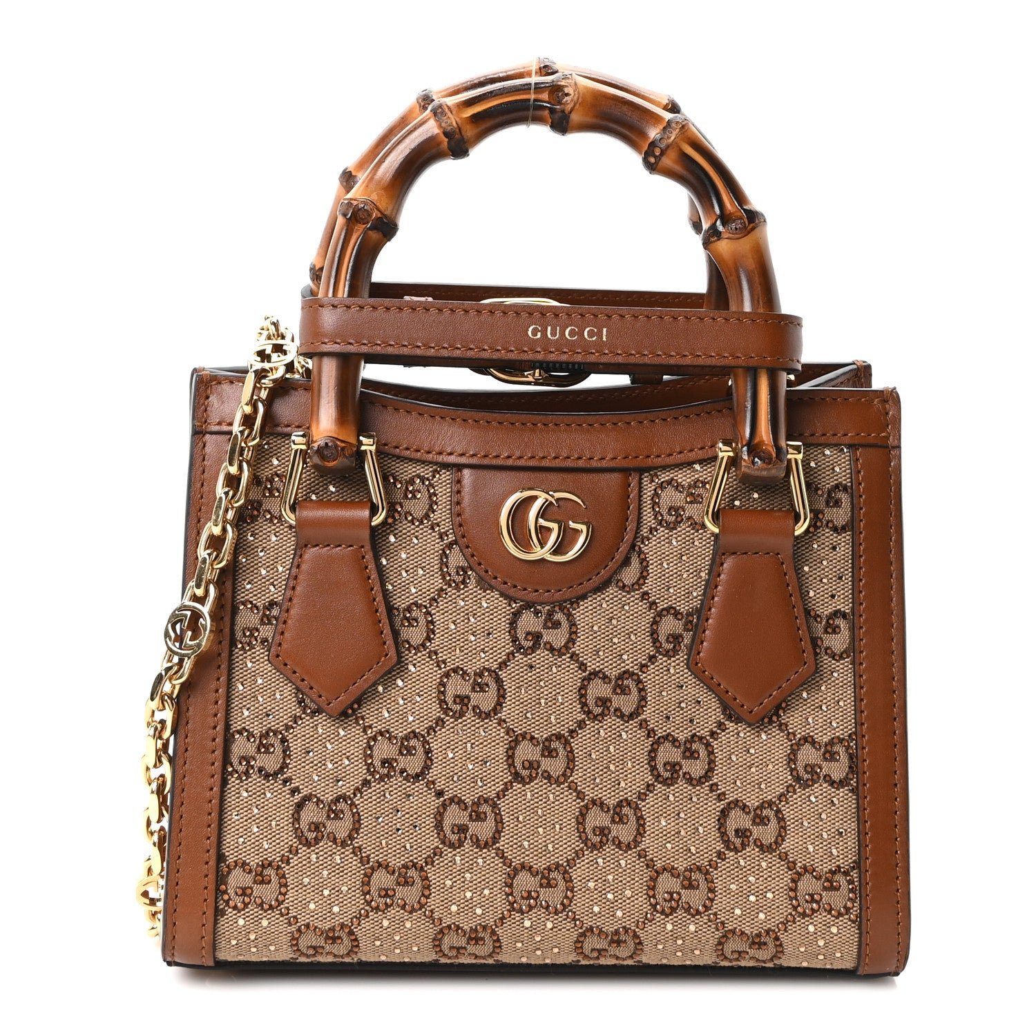 Gucci New Canvas Charisma Calfskin Crystal GG Monogram Mini Diana Tote Bag Camel Ebony