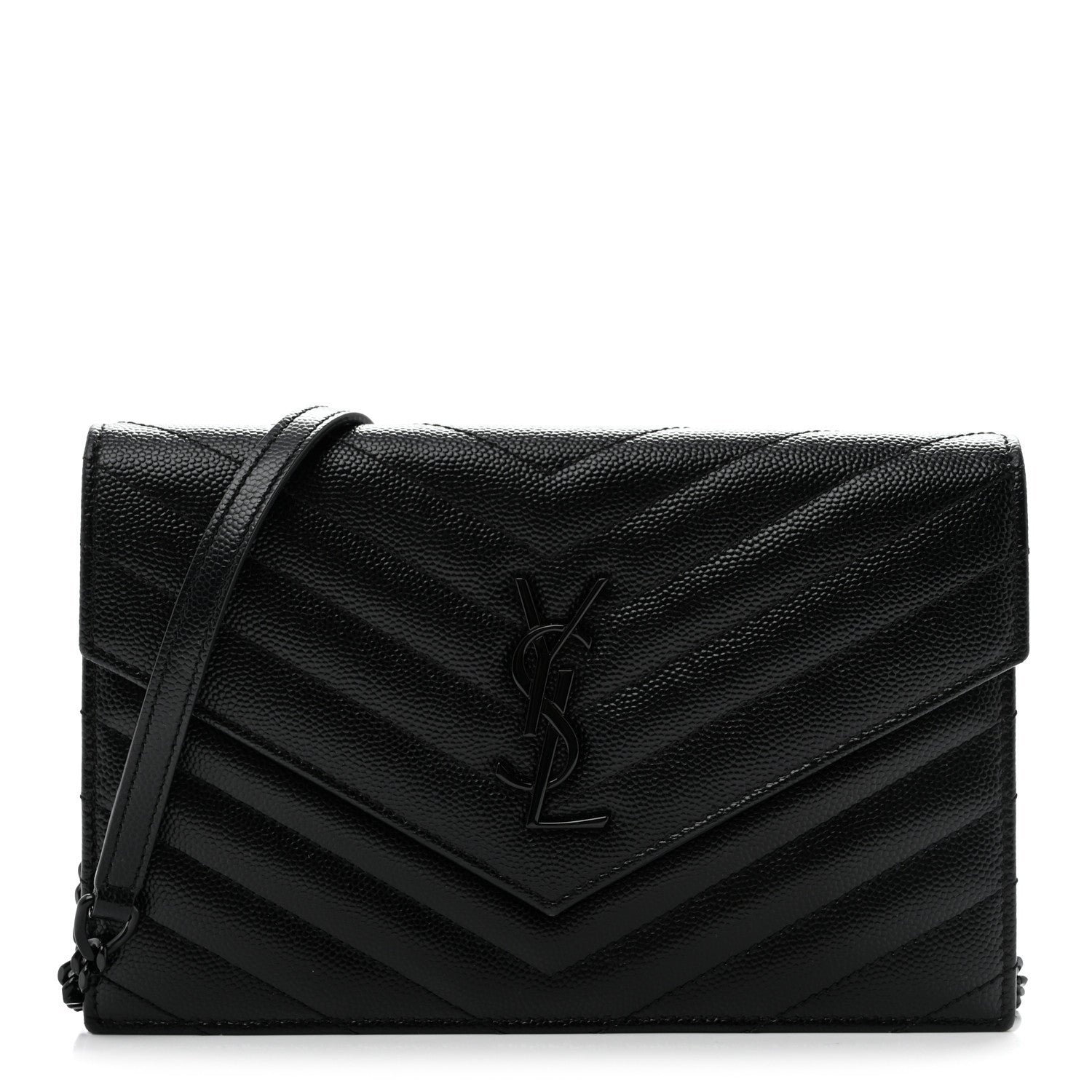 Saint Laurent Grain De Poudre Matelasse Chevron Monogram Monochrome Chain Wallet Black