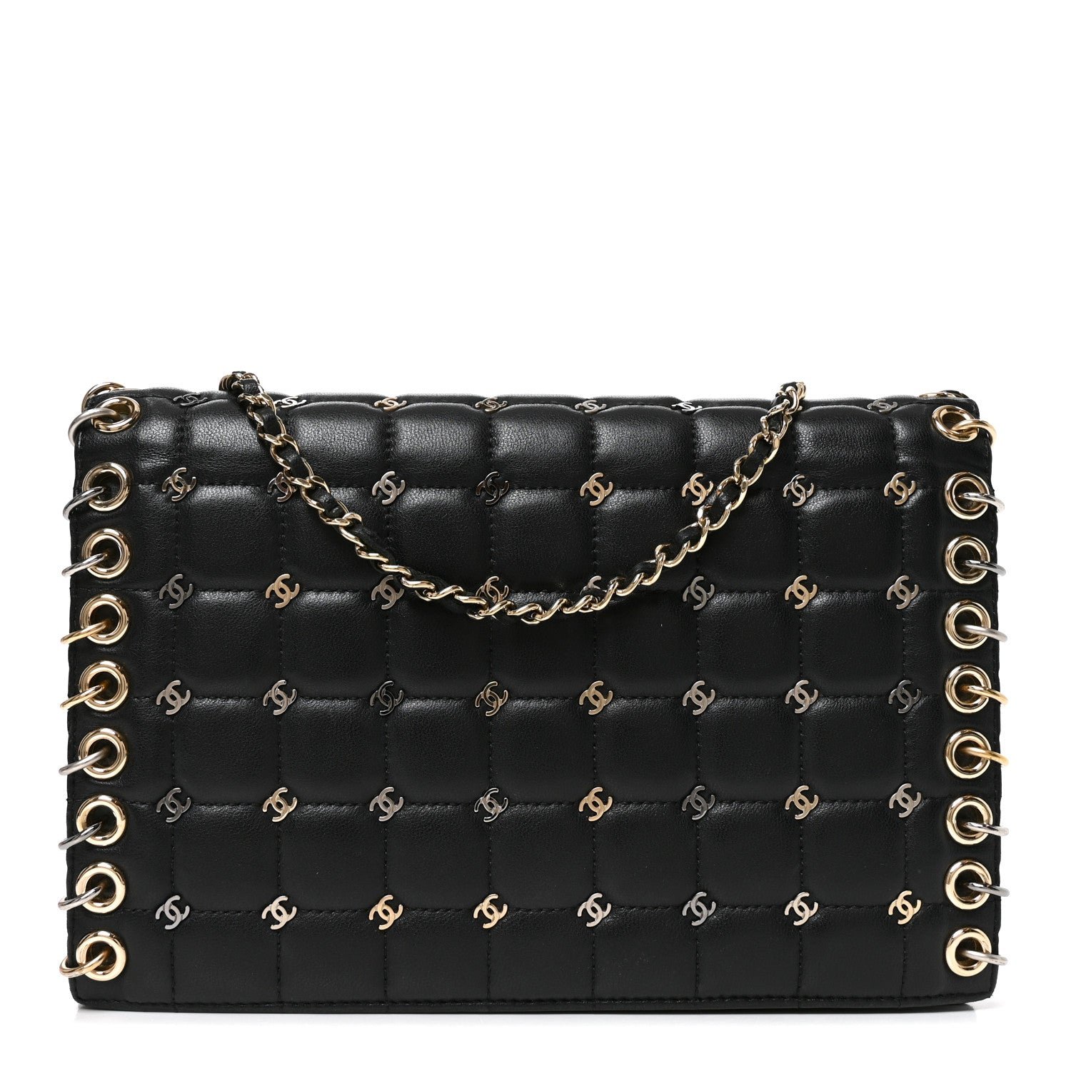 Chanel Lambskin Chocolate Bar Piercing CC Studded Small Chain Flap Bag Black