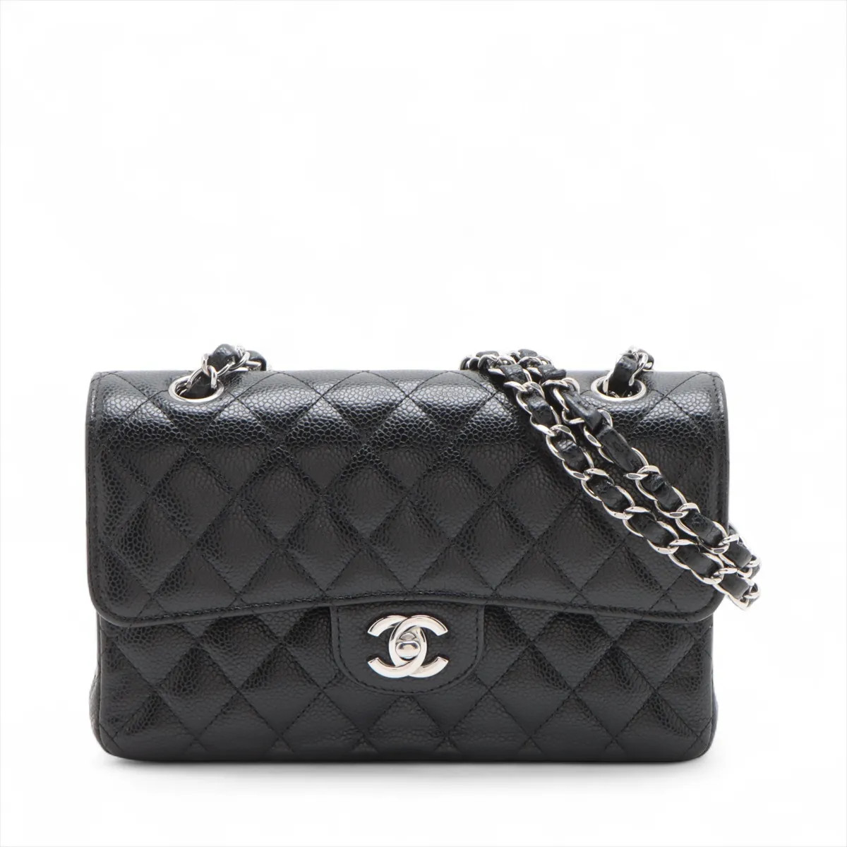 Chanel Matelasse 23 Small Caviar Skin Double Flap Double Chain Bag Black Silver