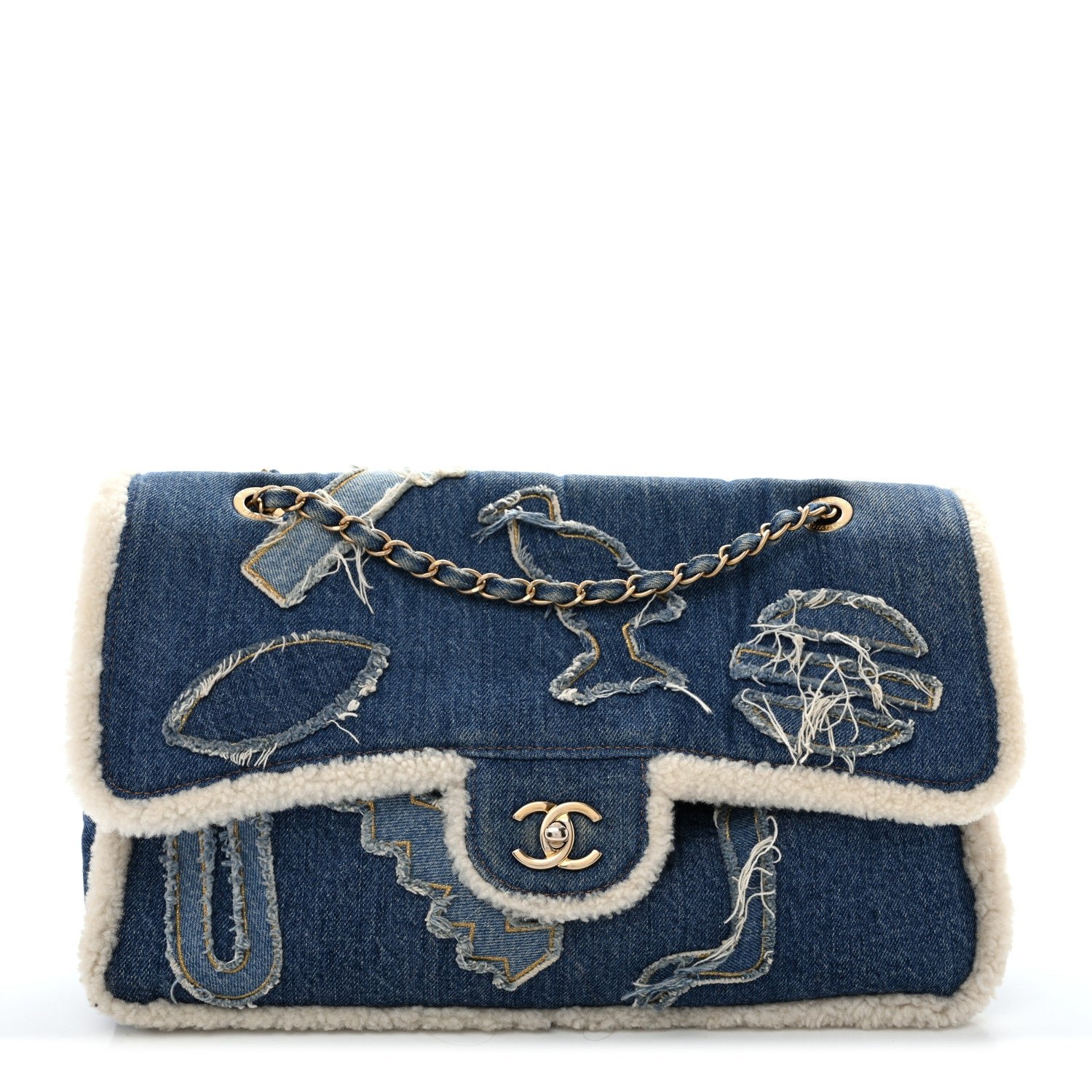 Chanel Denim Shearling Hieroglyph Flap Blue