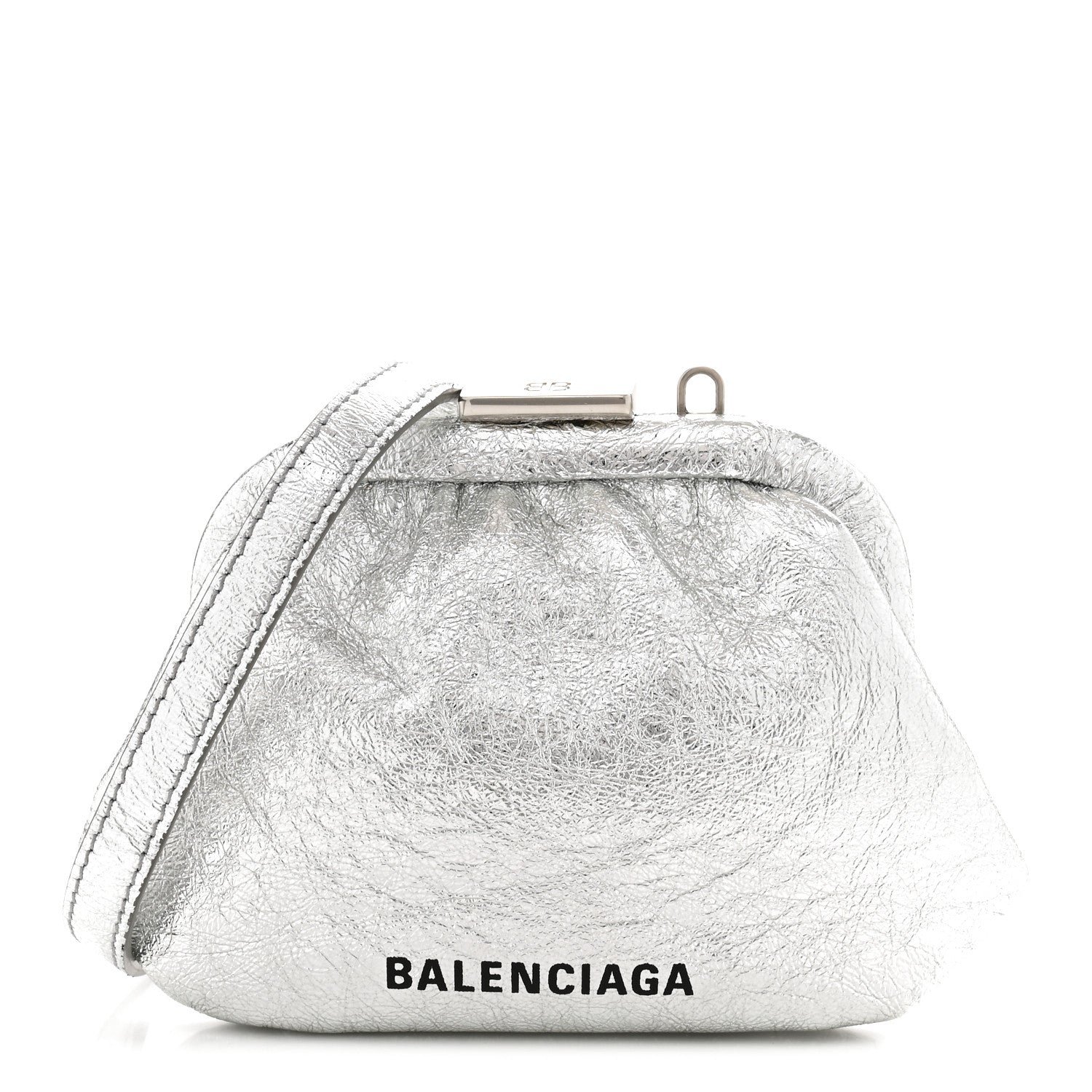 Balenciaga Metallic Textured Calfskin Logo Cloud Coin Purse With Strap Silver