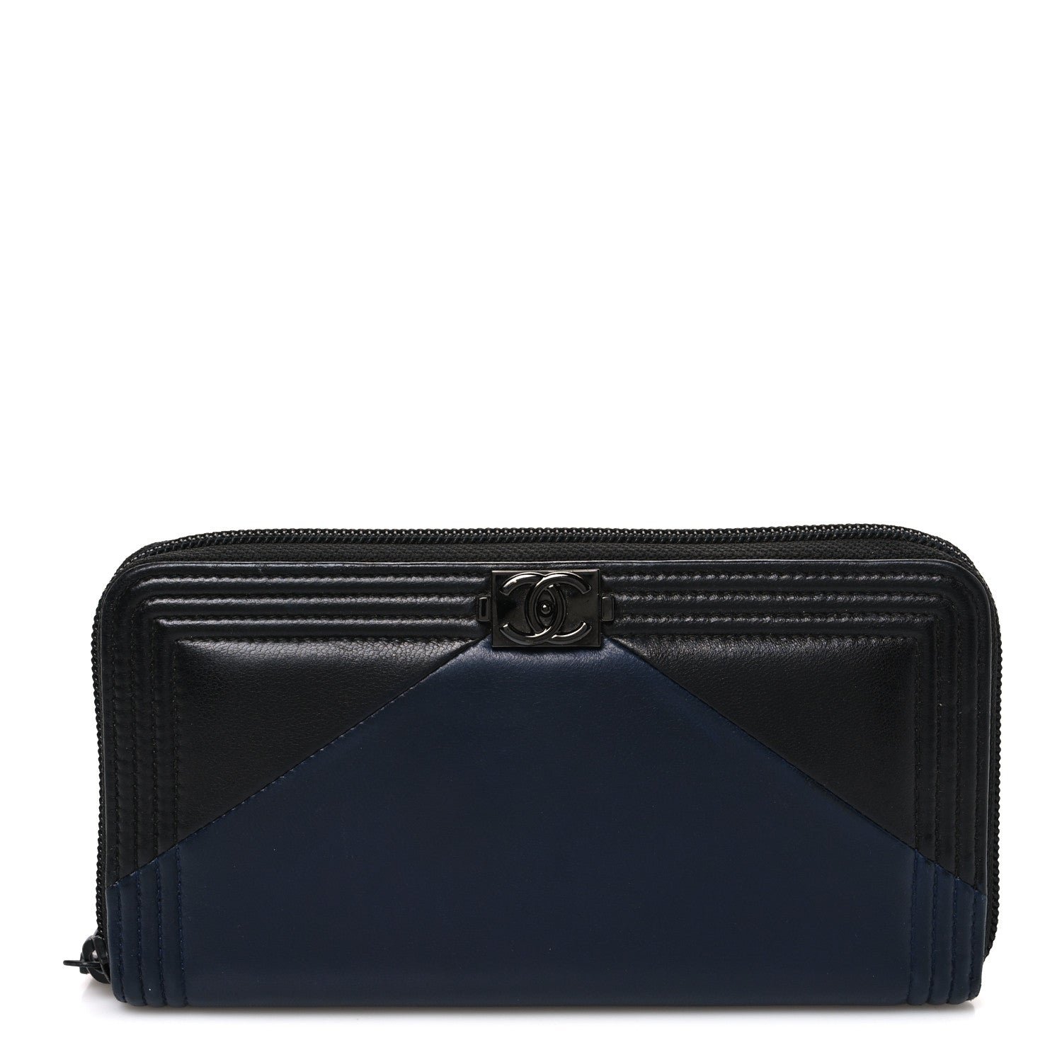 Chanel Calfskin Large Bi-Color Zip Around Boy Wallet Black Navy