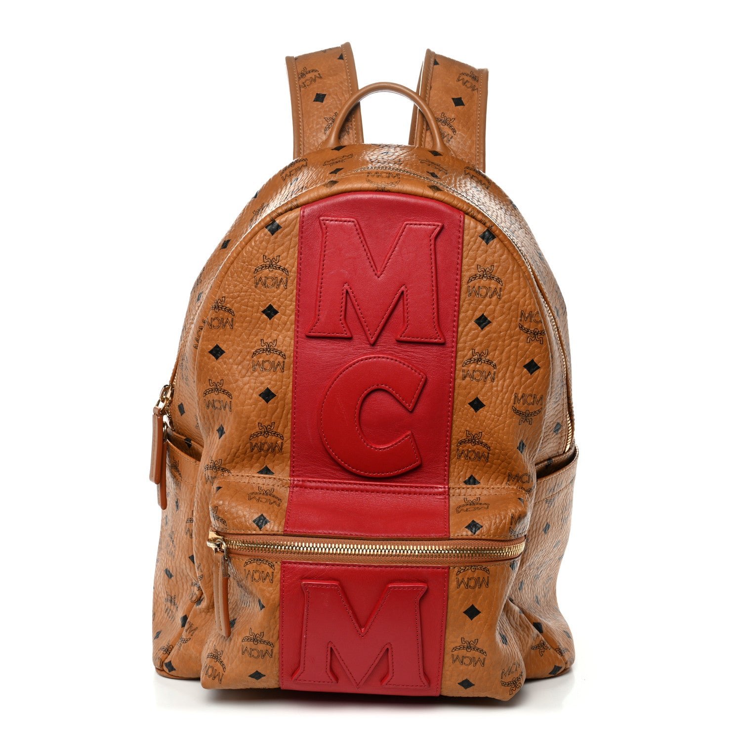 MCM Visetos Medium Stark Logo Stripe Backpack Cognac Red