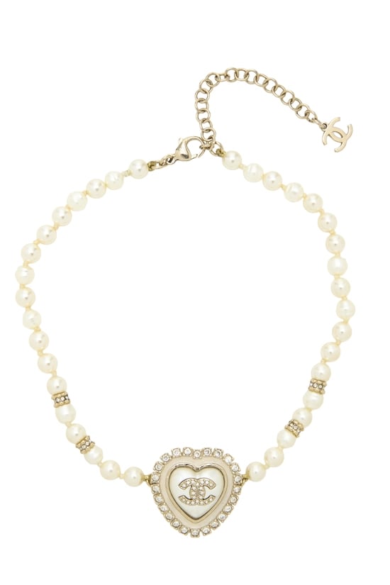 Gold Faux Pearl 'CC' Heart Choker