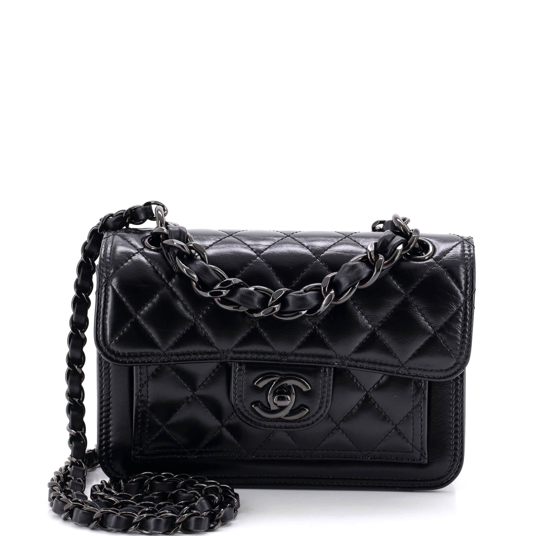 So Black Double You CC Flap Bag Quilted Shiny Crumpled Calfskin Mini