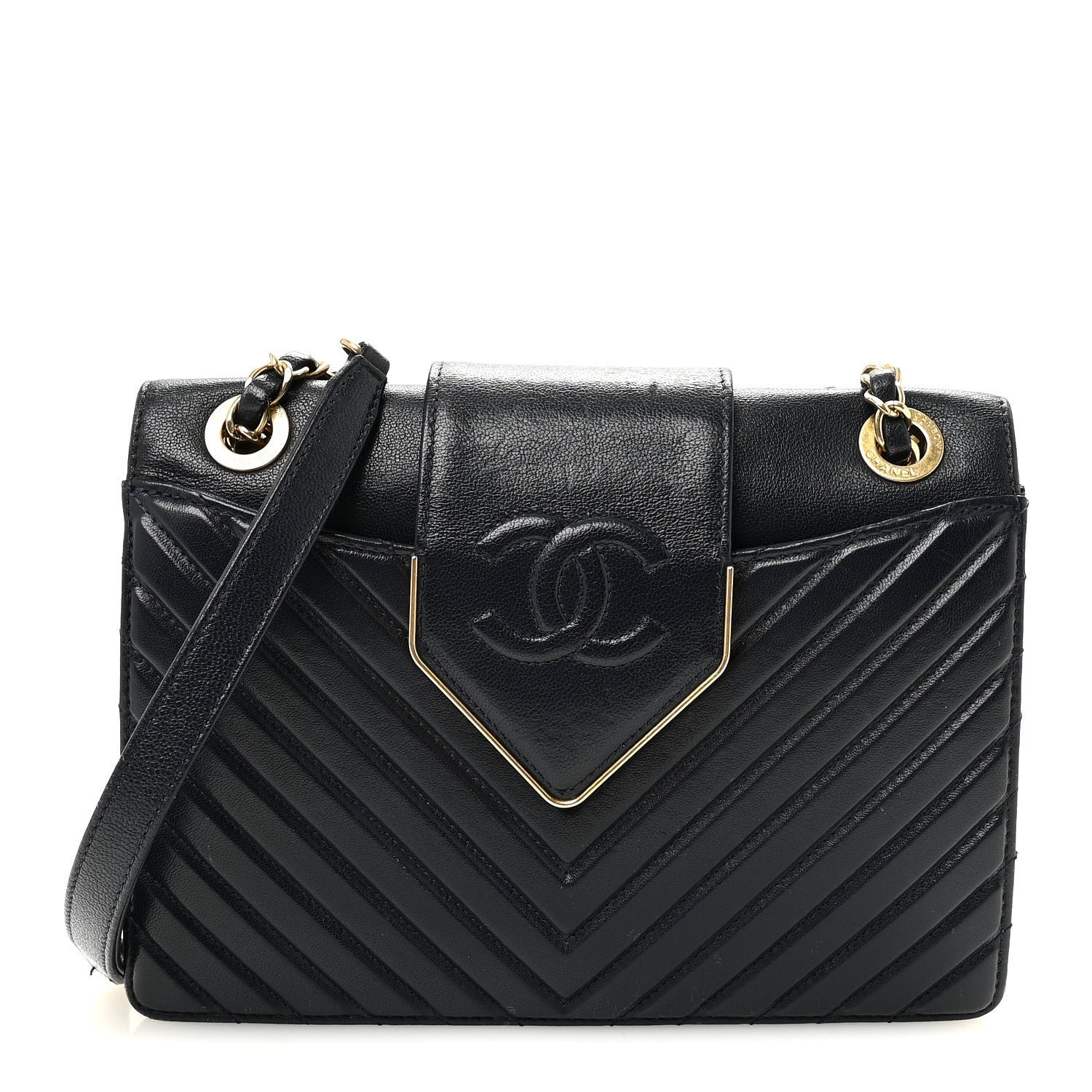 Chanel Shiny Sheepskin Chevron Quilted Collar and Tie Flap Navy