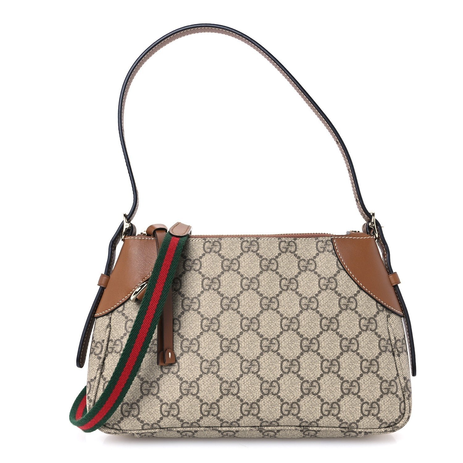 Gucci GG Supreme Monogram Textured Calfskin Small Emblem Shoulder Bag Beige Dark Brown