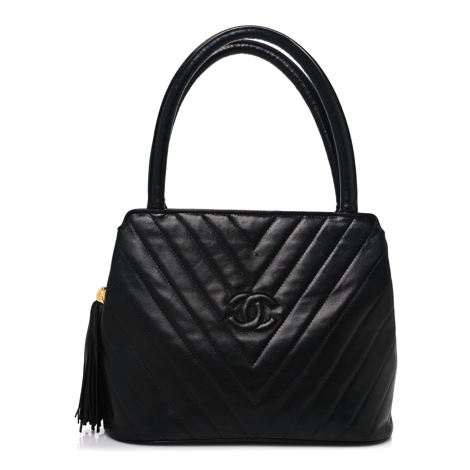 Chanel Lambskin Chevron Quilted Top Handle Tote Bag Black