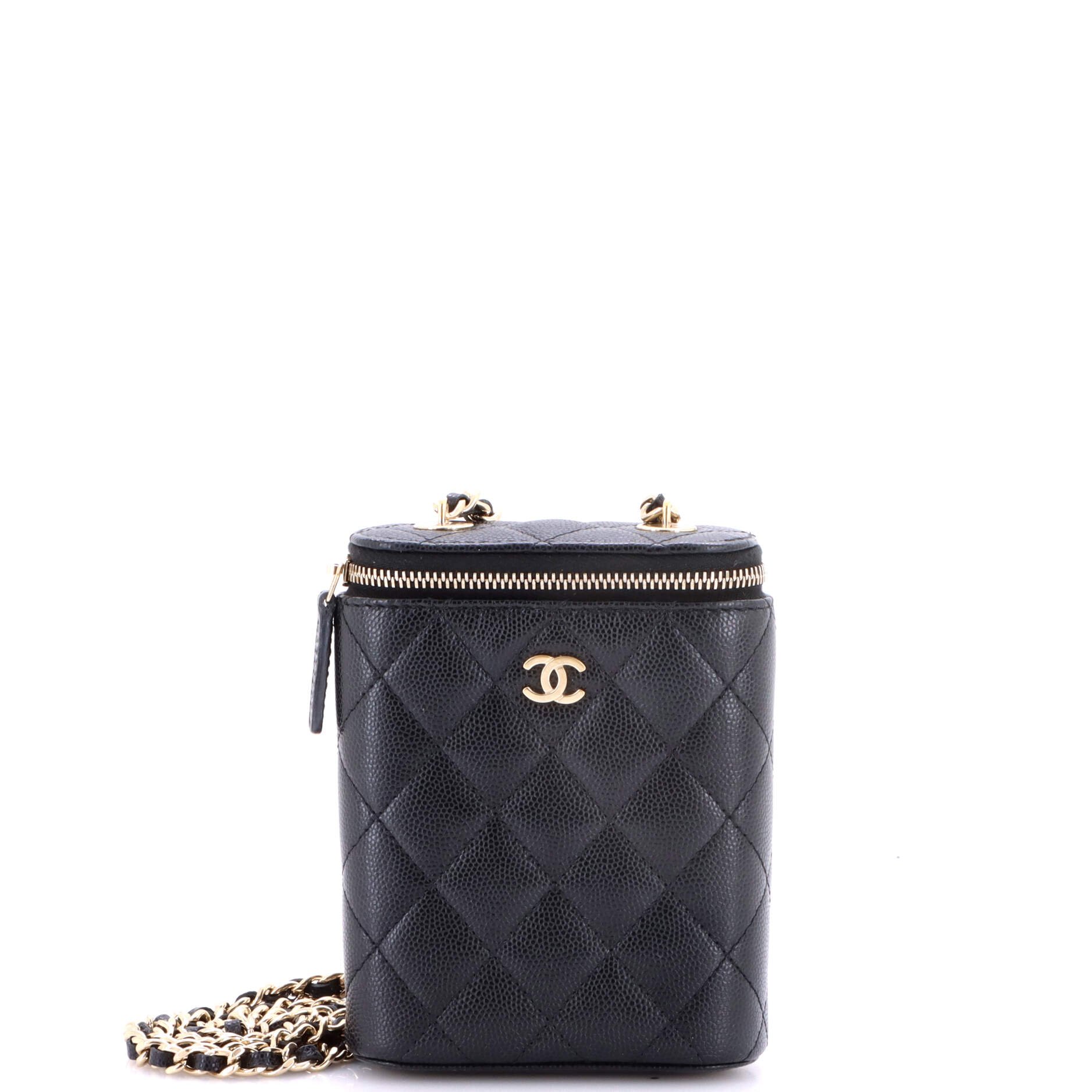 Vertical Classic Vanity Case with Chain Quilted Caviar Small