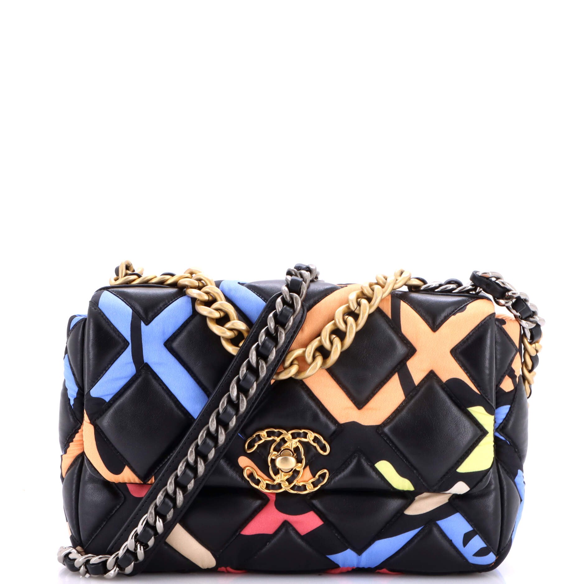 19 Flap Bag Quilted Lambskin and Printed Silk Medium