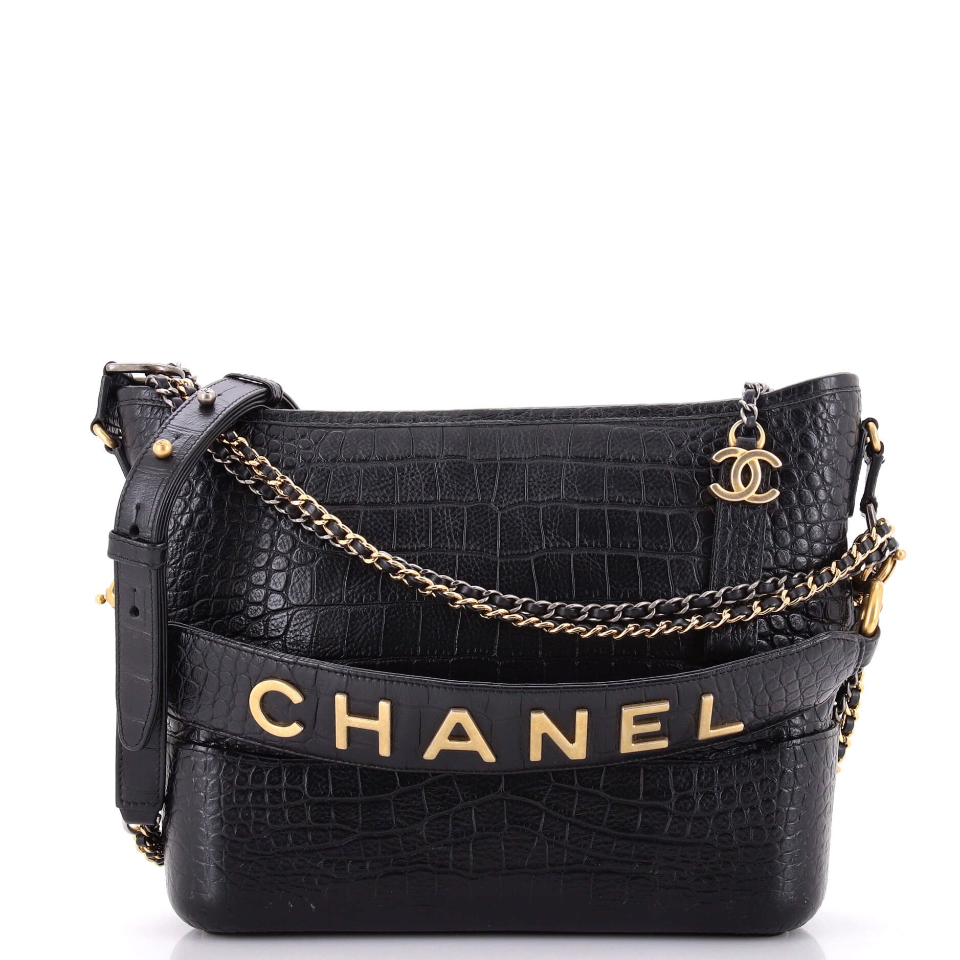 Gabrielle Hobo with Logo Handle Crocodile Embossed Calfskin Medium