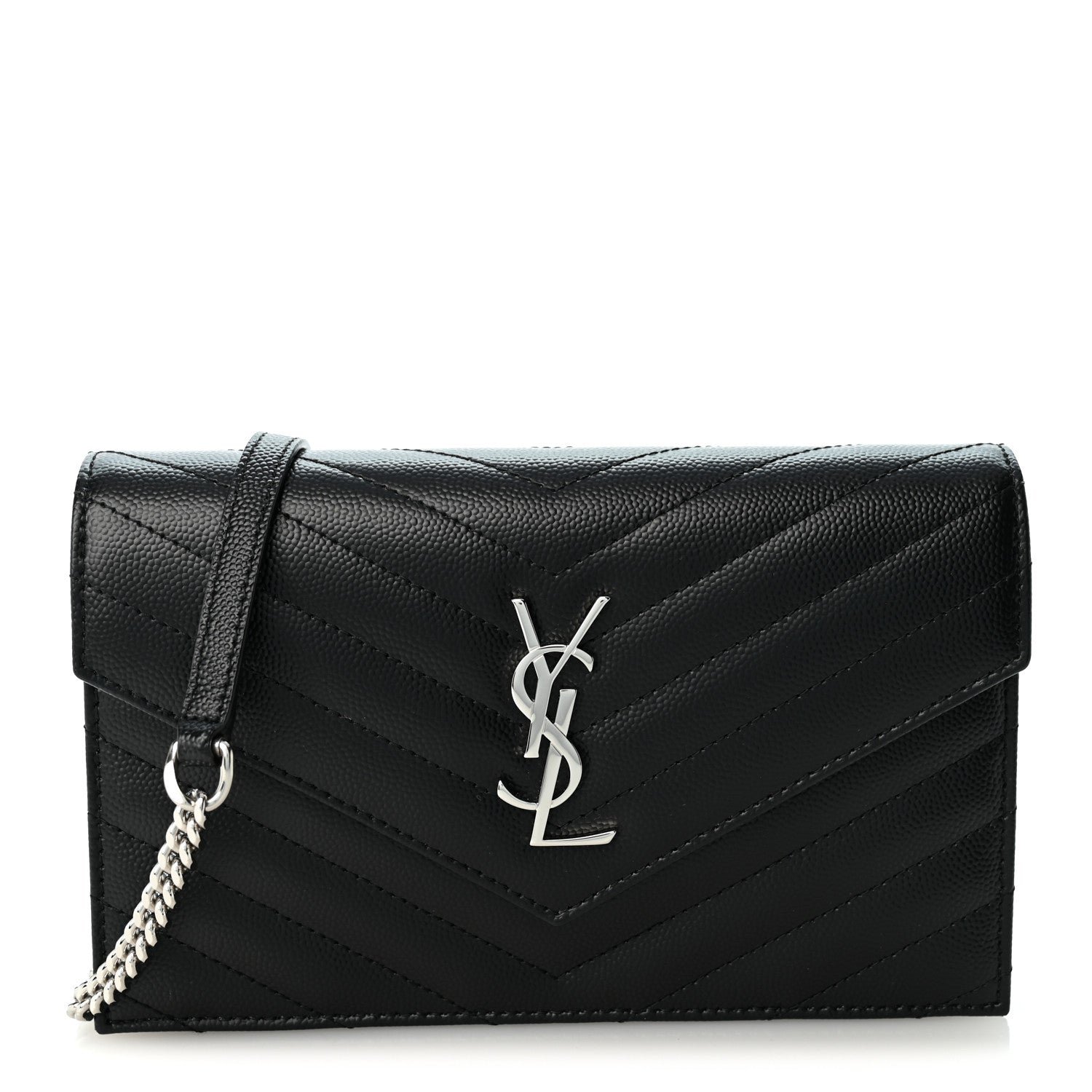 Saint Laurent Grain De Poudre Matelasse Chevron Monogram Envelope Chain Wallet Black