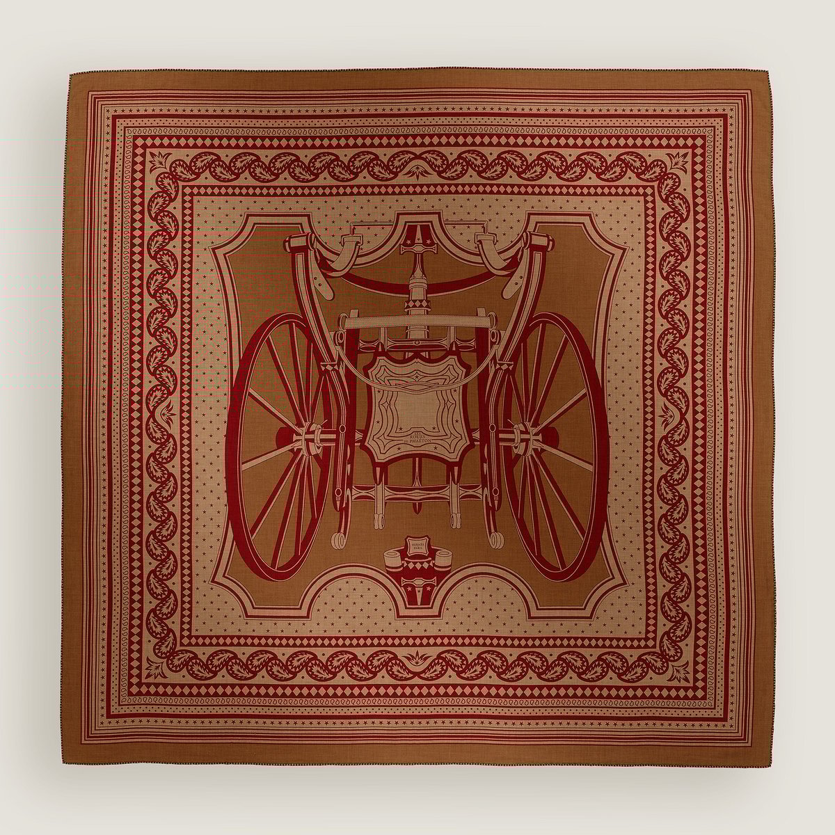 Hermès Les Roues de Phaeton Bandana shawl 140 Noisette/Caramel/Rouge H |  BagUSeek