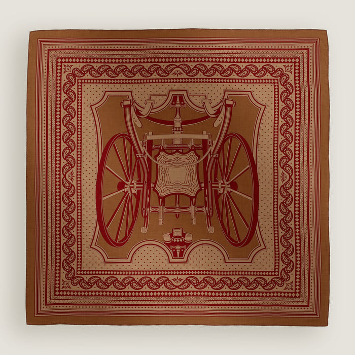 Hermès Les Roues de Phaeton Bandana shawl 140 Noisette/Caramel