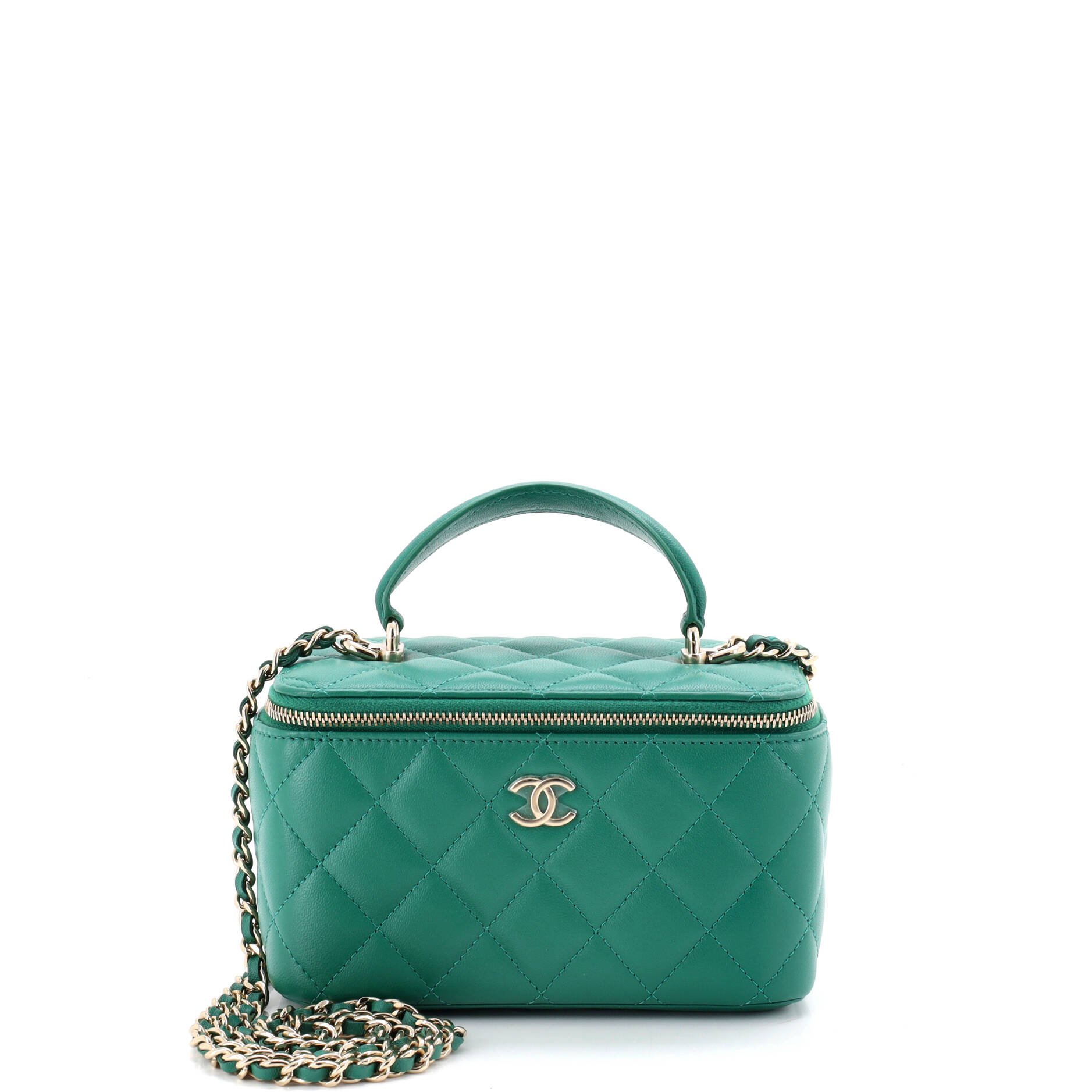 Classic Top Handle Vanity Case with Chain Quilted Lambskin Small