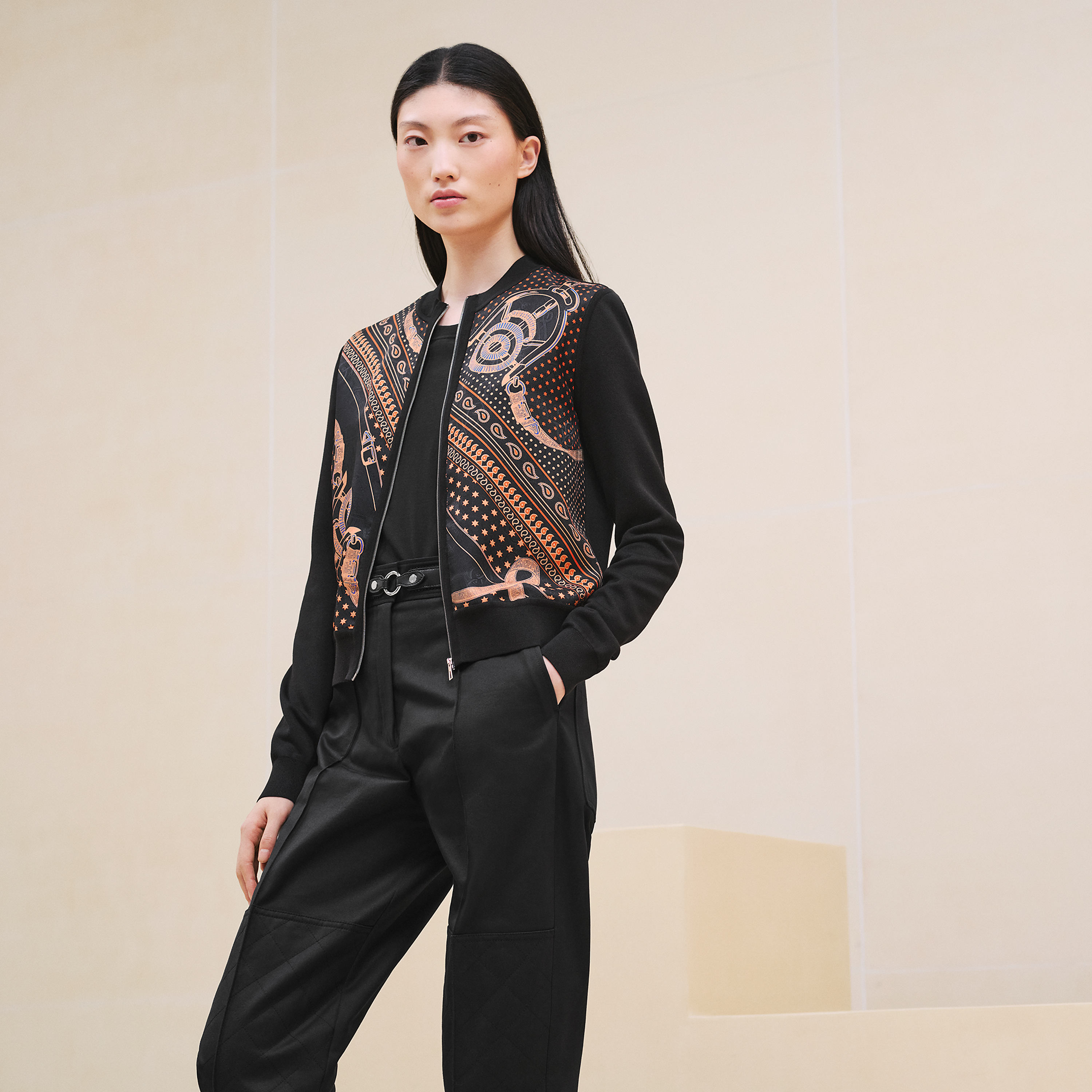 "Eperon d'Or Bandana" long-sleeve zipped twillaine cardigan