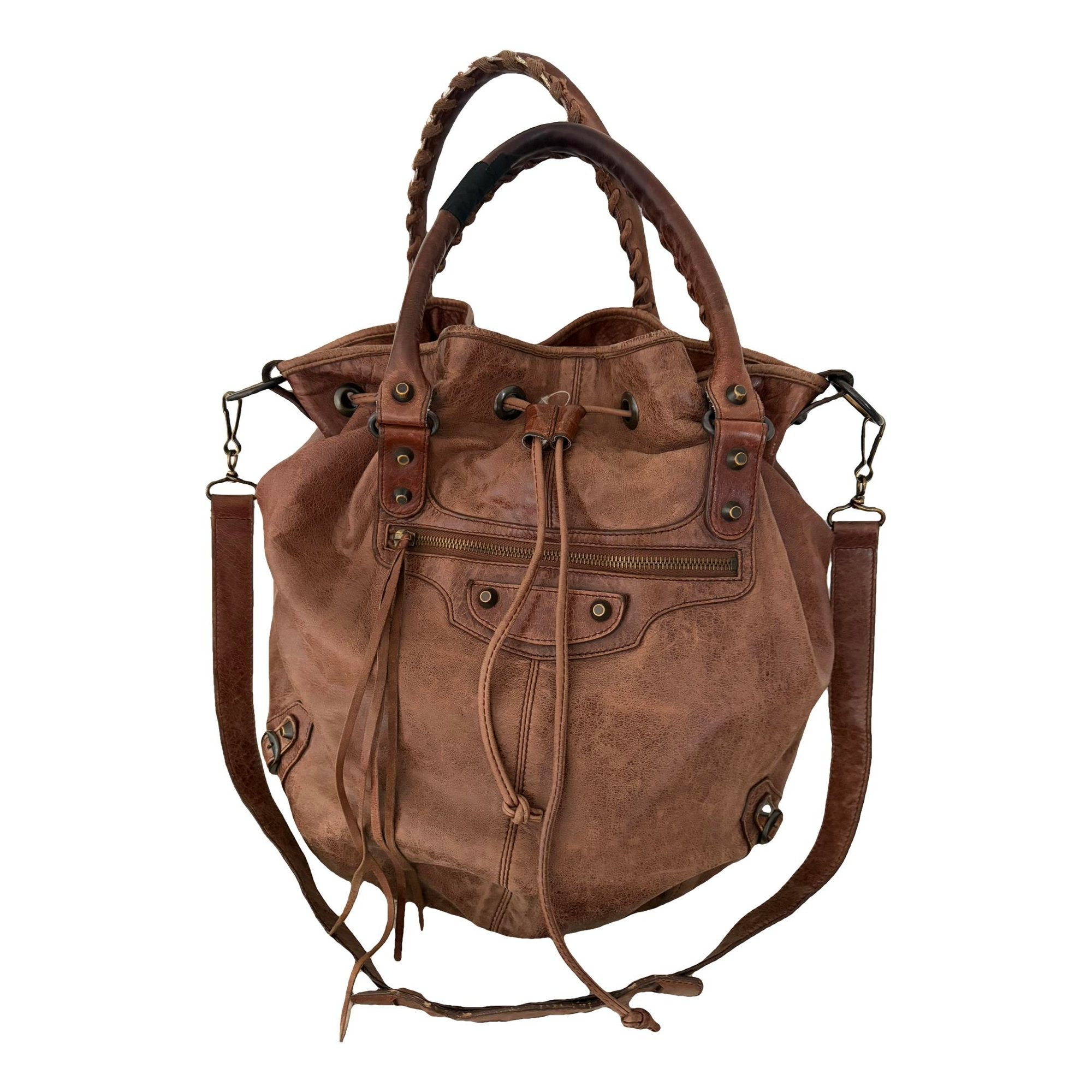 Pompon leather handbag
