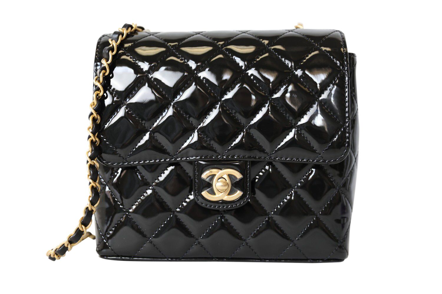 Chanel Chanel Quilted Square Flap, Black Patent Leather with Gold Hardware, New in Box WA001