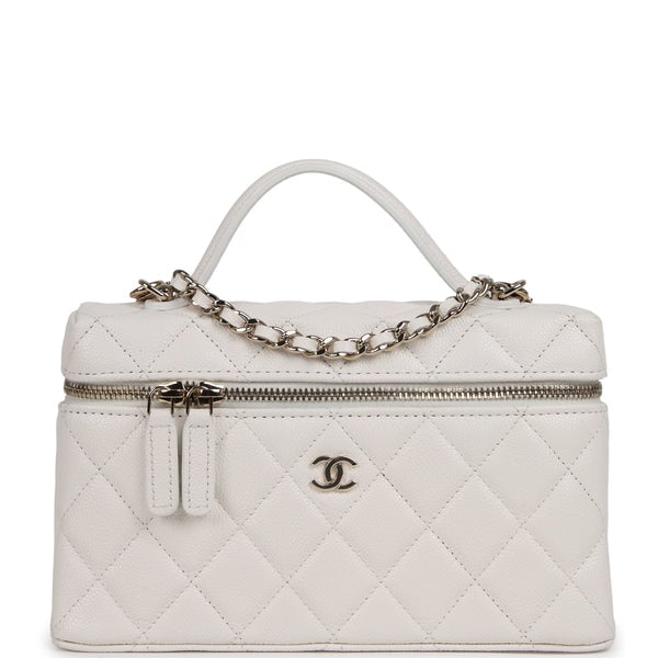 Chanel Top Handle Long Vanity Case with Chain White Shiny Caviar Light Gold Hardware