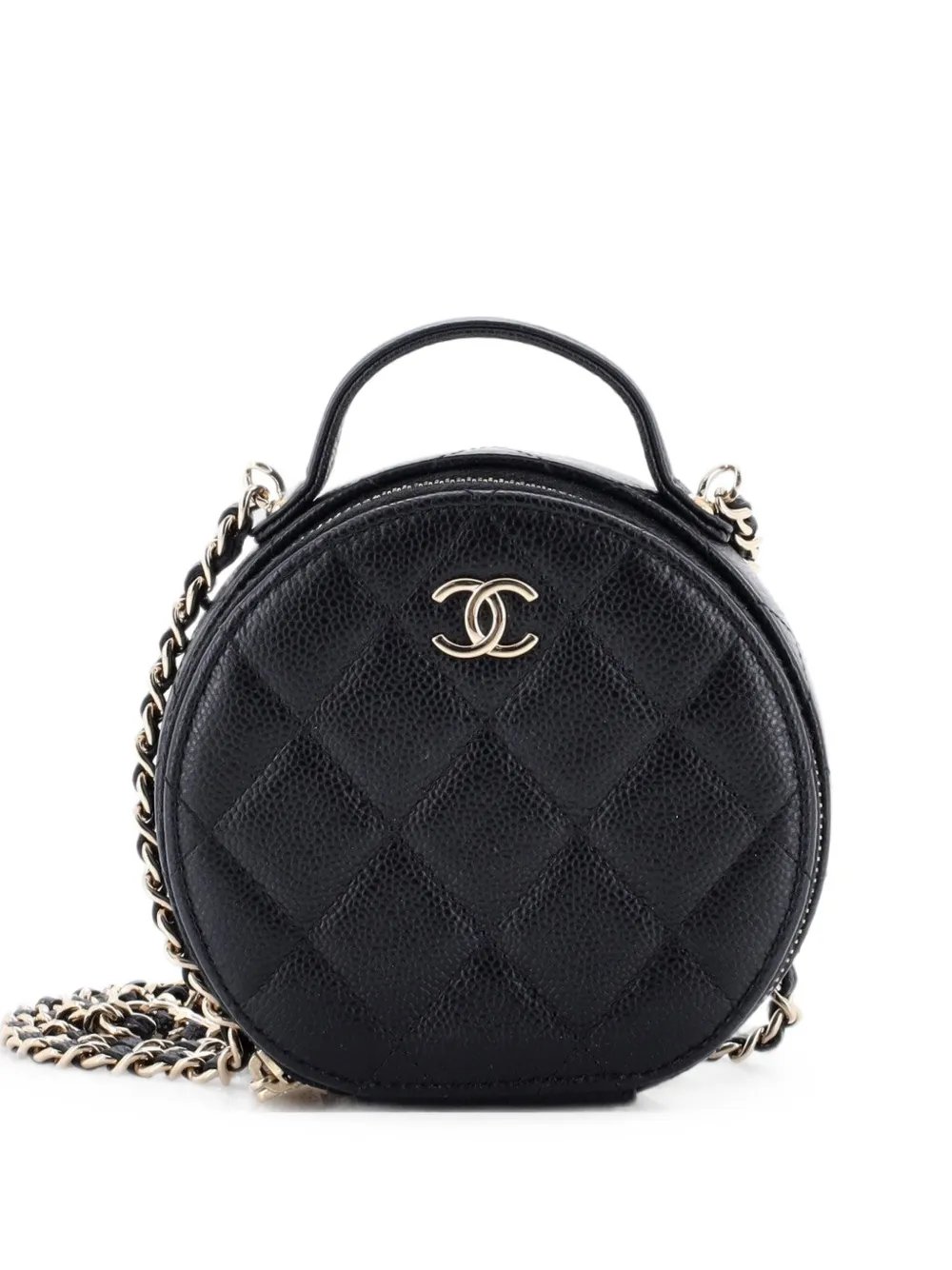 Handle with Care Round Vanity Case with Chain Quilted Caviar Small crossbody bag