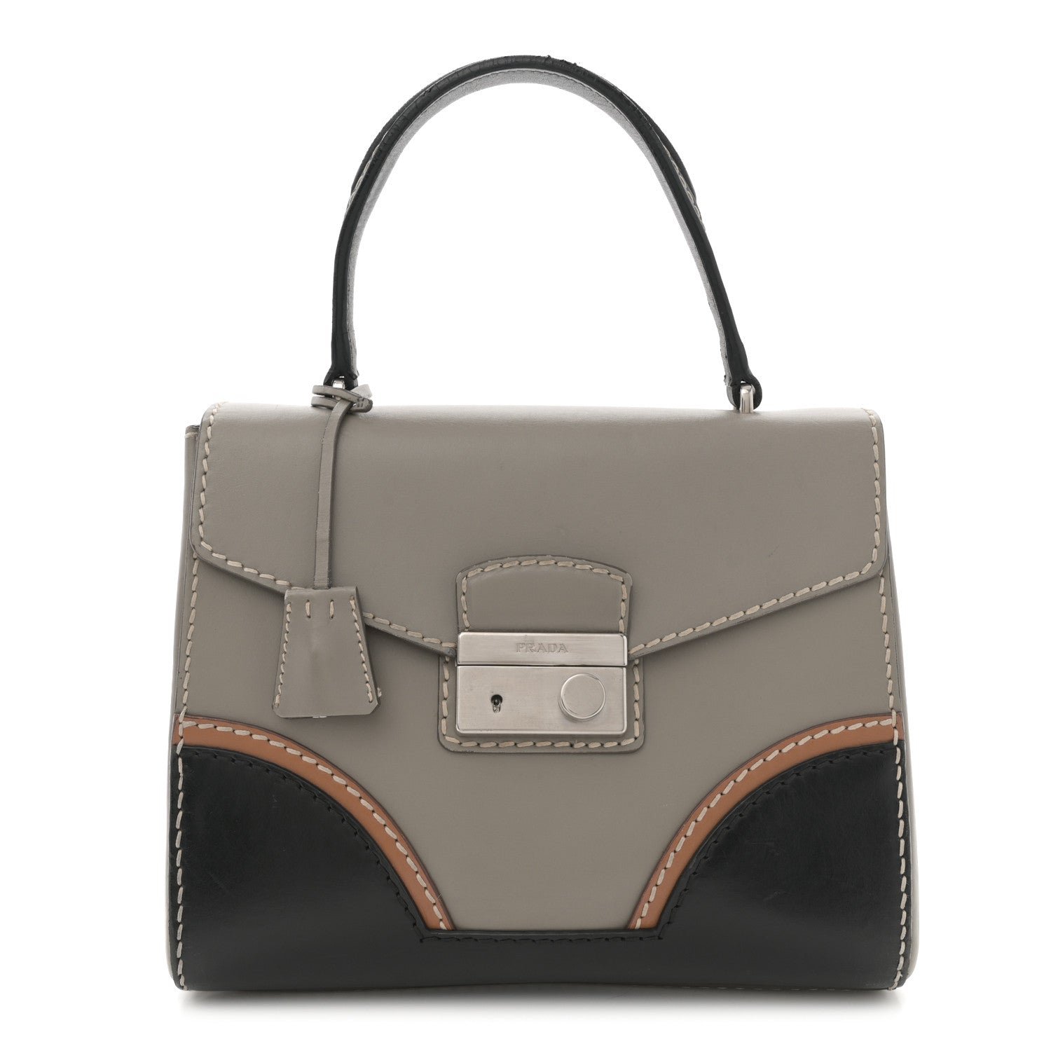 Prada Vitello Tri-Color Medium Sound Top Handle Satchel Grigio Black