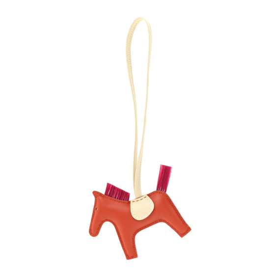 Hermes Milo Lambskin Horse Hair Grigri Rodeo Horse Bag Charm PM Cornaline Craie Magnolia