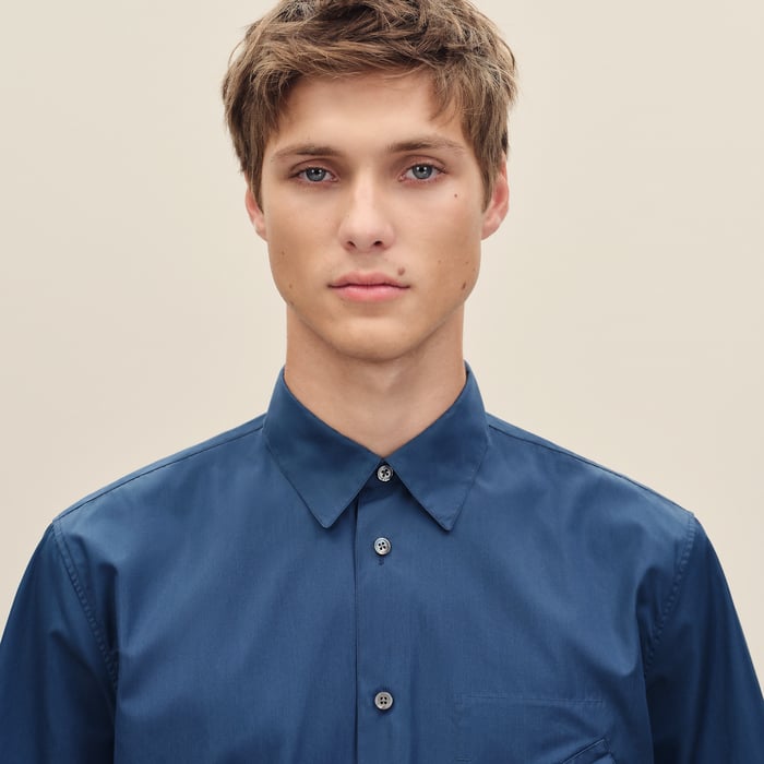 Indigo Short-sleeve Straight Cut Shirt With Leather Detail