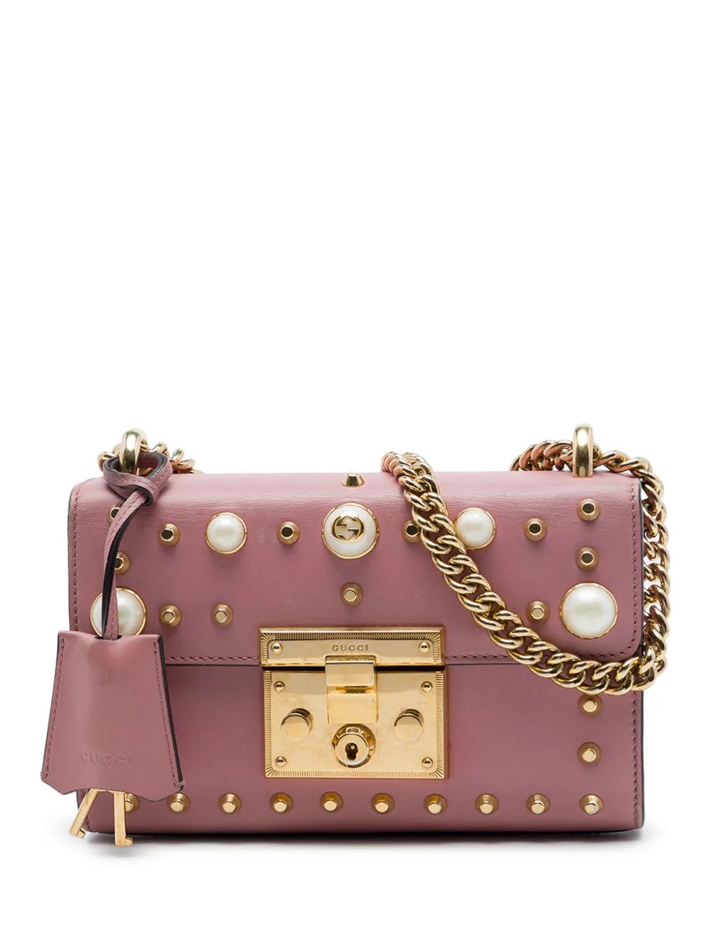 2016-2026 Small Pearl Studded Leather Padlock crossbody bag