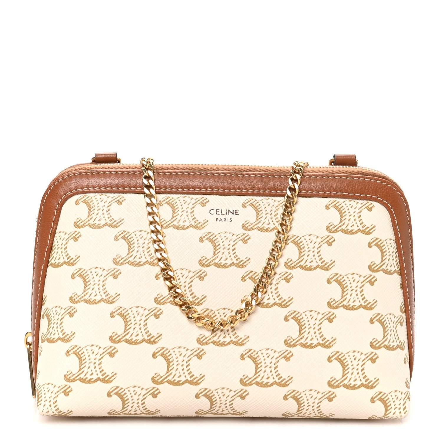Celine Lambskin Triomphe Canvas Clutch With Chain  White Tan