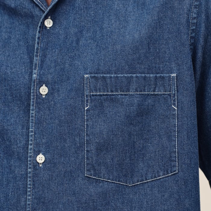 Indigo Lavé Short-sleeve Straight Cut Shirt With Notched Collar