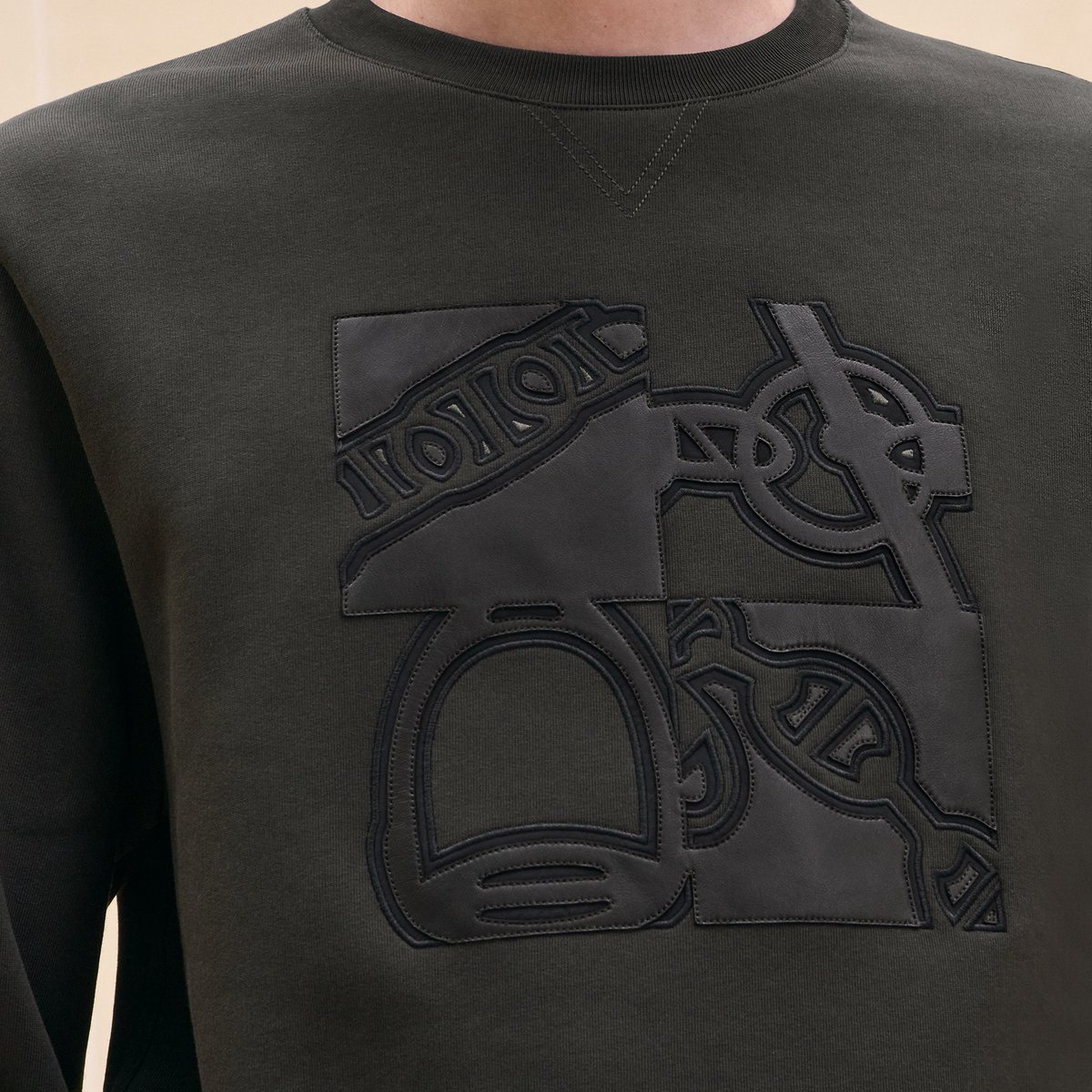 Kaki "Metallerie Au Carre" Crewneck Sweater With Leather Detail