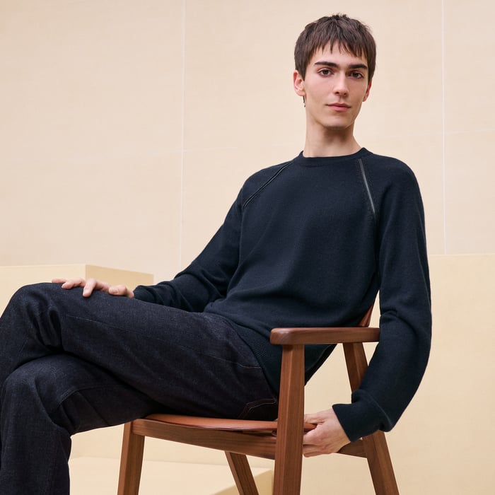 Marine Cashmere "Cachemire Detail Cuir" Crewneck Sweater
