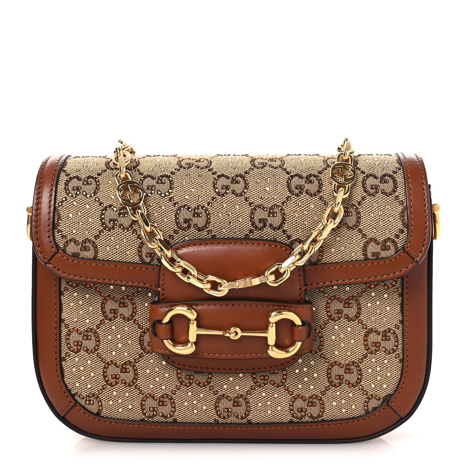 Gucci New Canvas Charisma Calfskin Crystal GG Monogram Mini Horsebit 1955 Shoulder Bag Camel Ebony