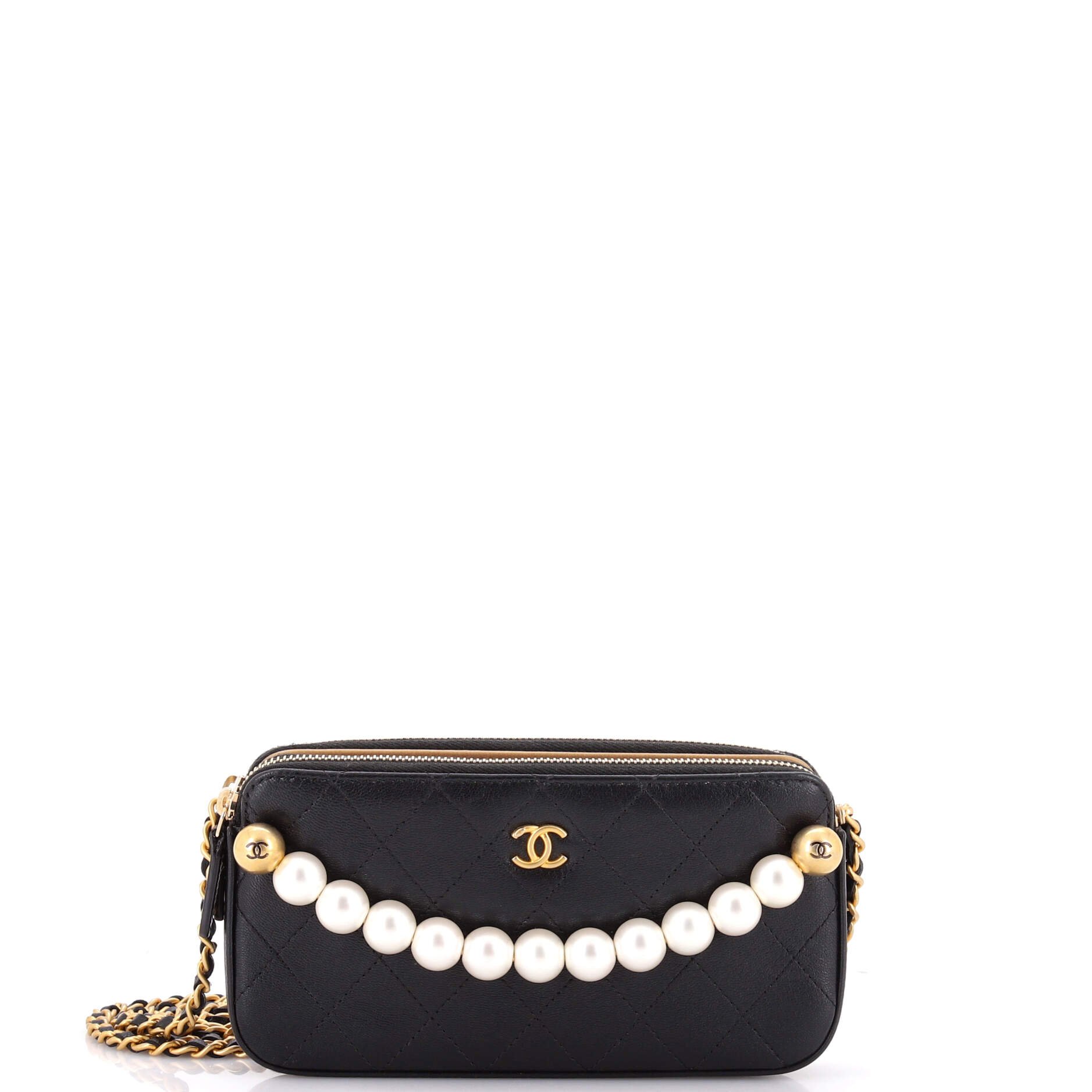 Chic Pearls Double Zip Clutch with Chain Quilted Lambskin