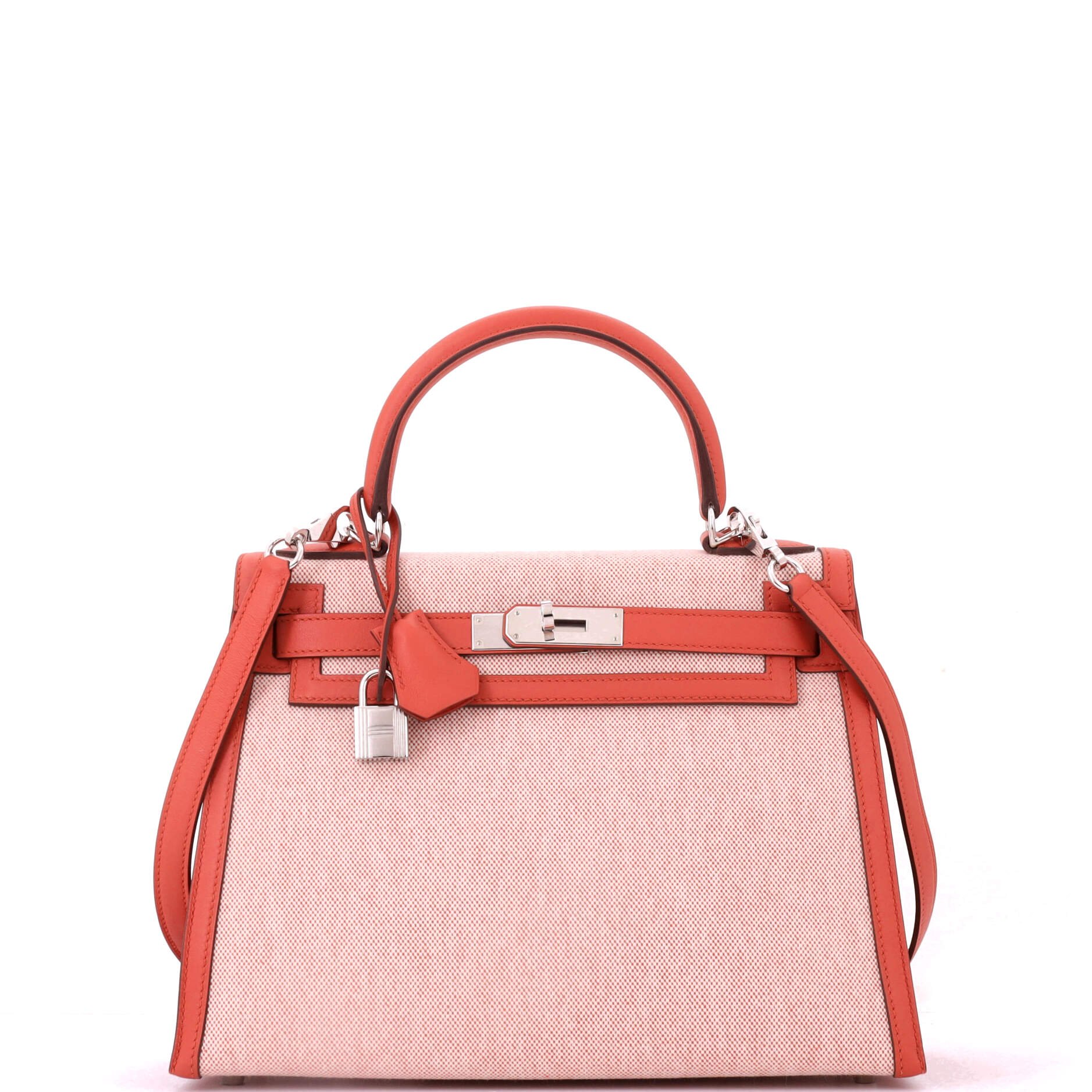 Hermes Kelly Handbag Toile and Brique Swift with Palladium Hardware 28