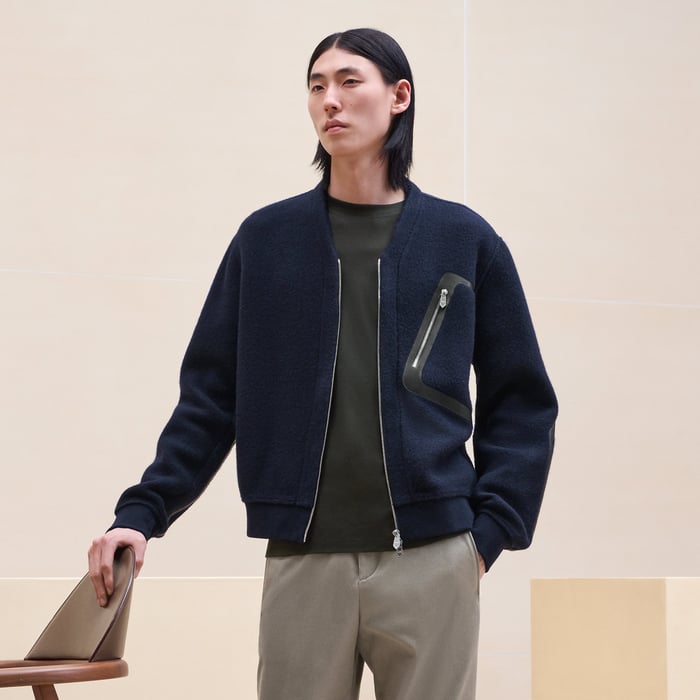 Marine Zipped Varsity Cardigan With Leather Detail