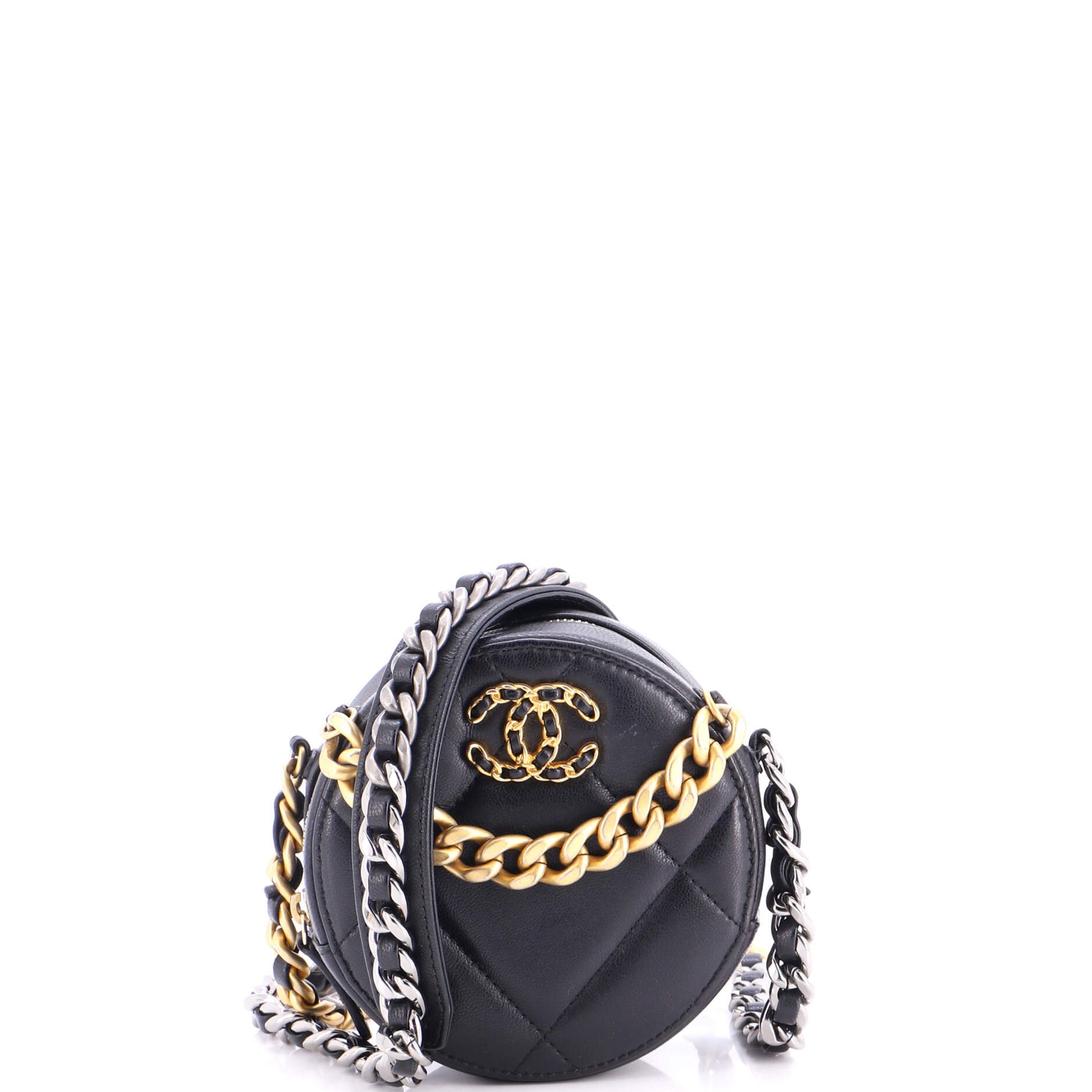 19 Round Clutch with Chain Quilted Leather