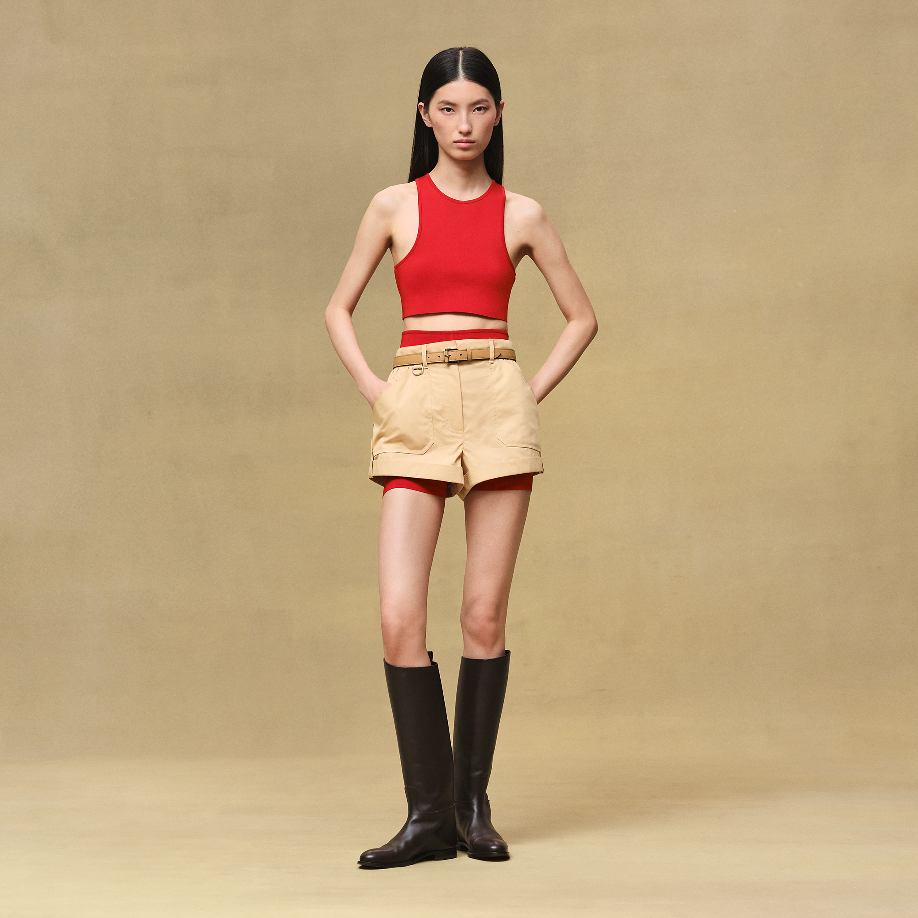 Pleated waist cotton shorts