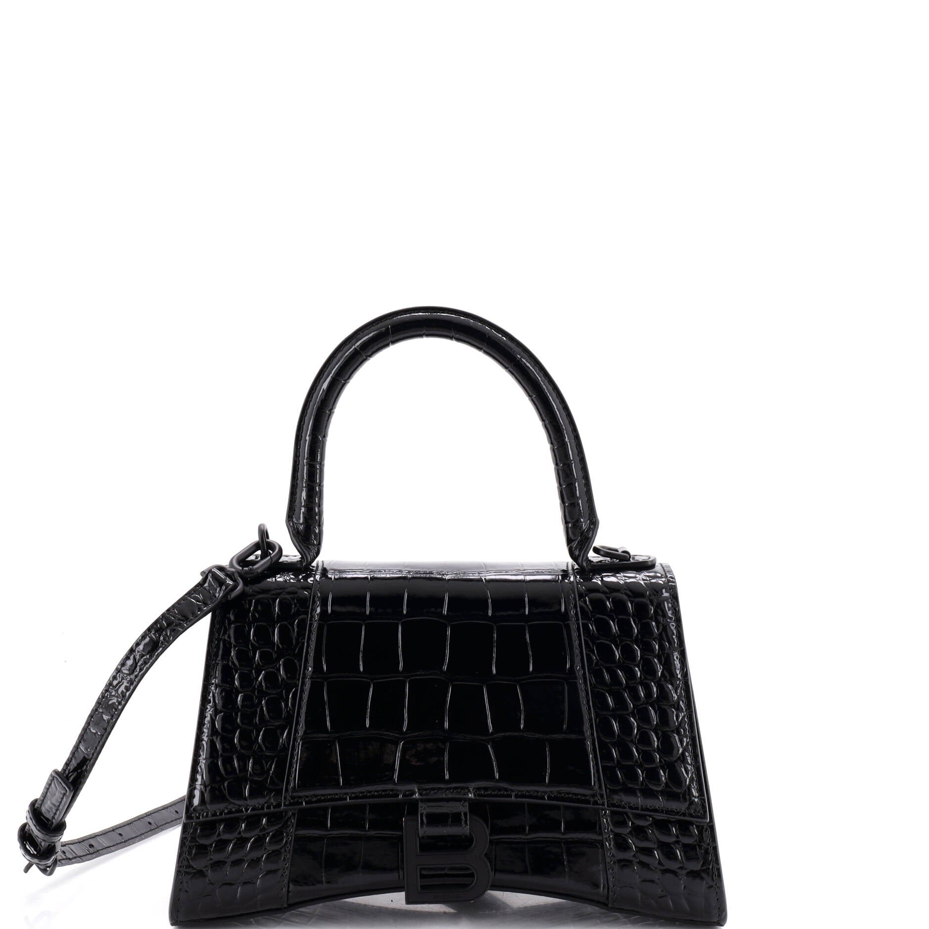 Hourglass Top Handle Bag Crocodile Embossed Leather Small