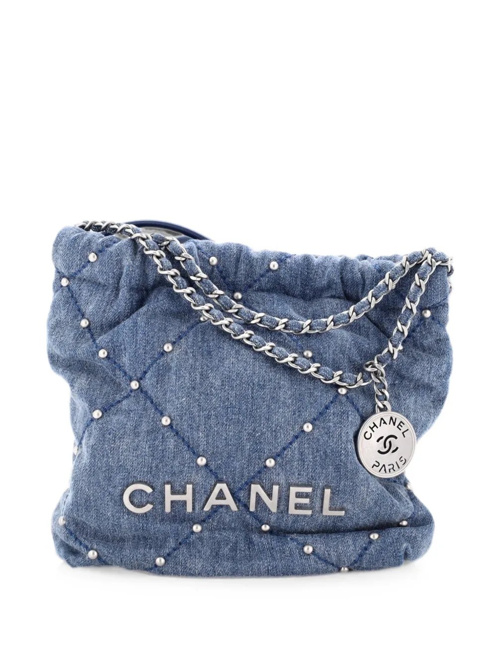 22 Chain Quilted Studded Denim Mini hobo bag