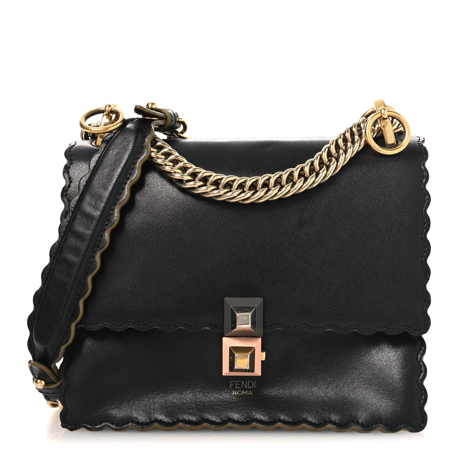 Fendi Vitello Liberty Scalloped Studded Small Kan I Shoulder Bag Black