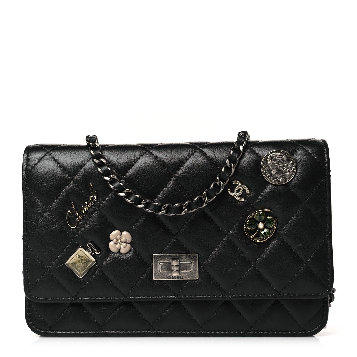 Chanel Aged Calfskin Quilted Lucky Charms 2.55 Reissue Wallet On Chain WOC Black